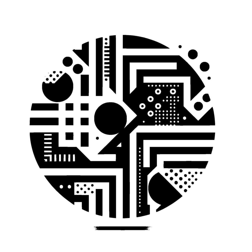 Abstract black and white circular geometric composition with various shapes dots, lines, rectangles, and circles arranged for visual harmony. vector