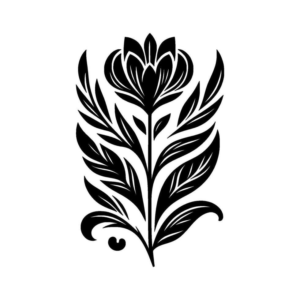 A symmetrical floral in stark black and white, with stylized leaves and a central blooming flower, evoking elegance and simplicity. vector