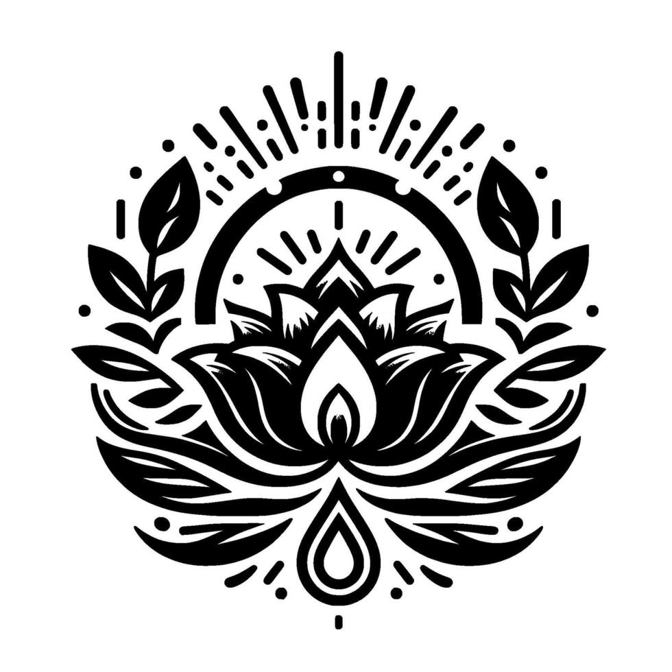 Intricate black and white lotus flower emblem with radiating lines, leaves, and a teardrop , evoking a sense of peace and balance. vector