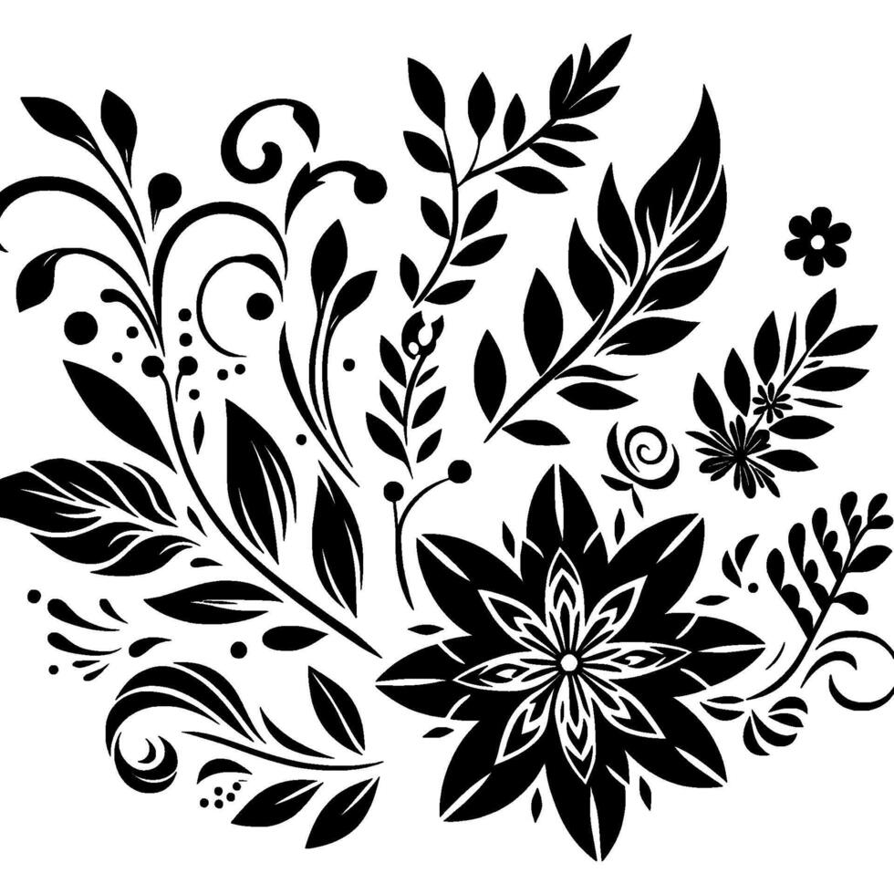 Elegant Black and White Floral Arrangement A Silhouetted Composition Featuring Detailed Flowers, Leaves, and Decorative Swirls Against a White Background. vector
