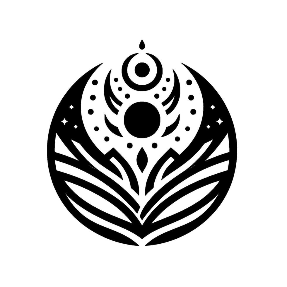 Intricate Black and White Emblem Celestial Sphere within Floral and Geometric Composition. Featuring a Moon, Stars and a Central Sun. vector