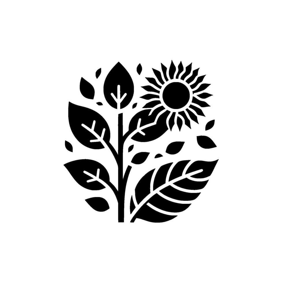 A Bold Black and White Botanical Illustration A Sunflower and Leafy Plant Composition within an Oval Shape vector