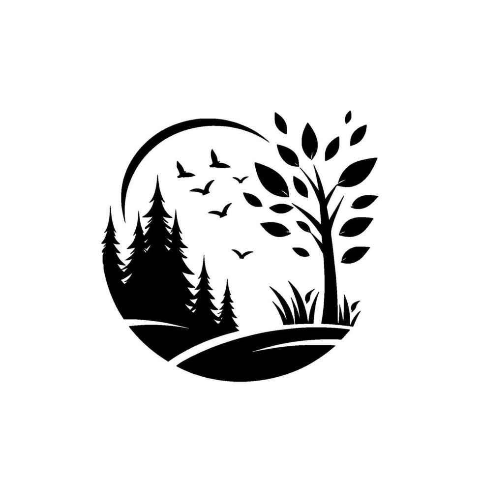 Minimalist circular illustration Black silhouette of pine forest, deciduous tree, flying birds, and grass on white background, nature aesthetic. vector