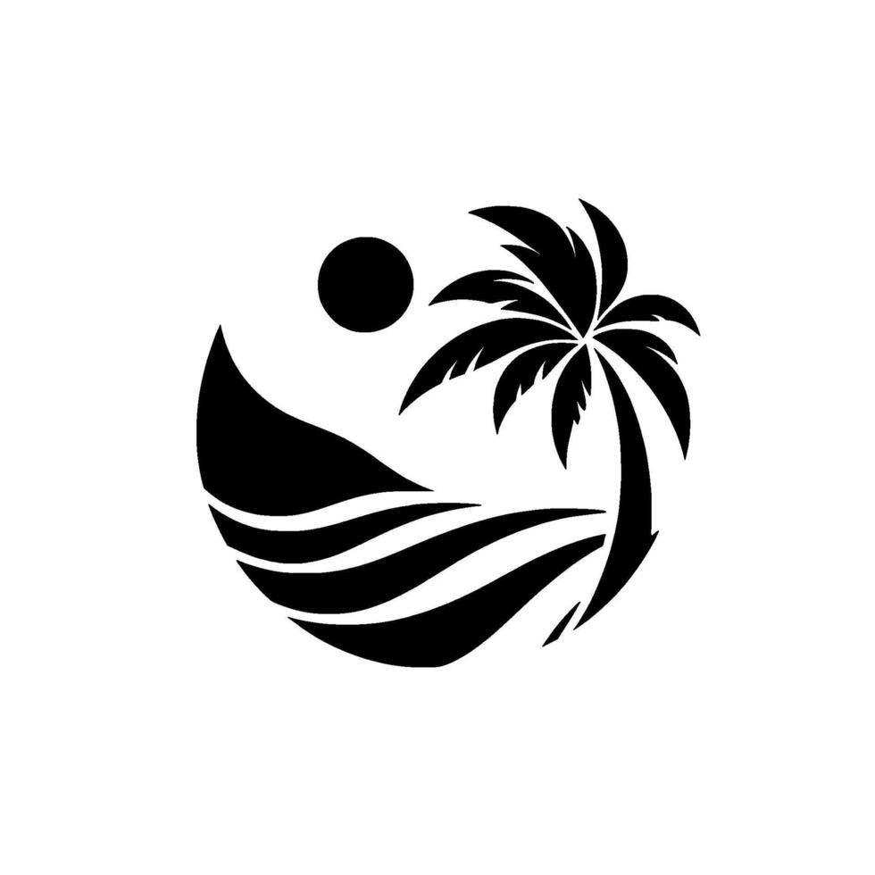 Stylized Black and White Tropical Scene Palm Tree, Sun, and Waves Enclosed in a Circular , Evoking Coastal Serenity. vector