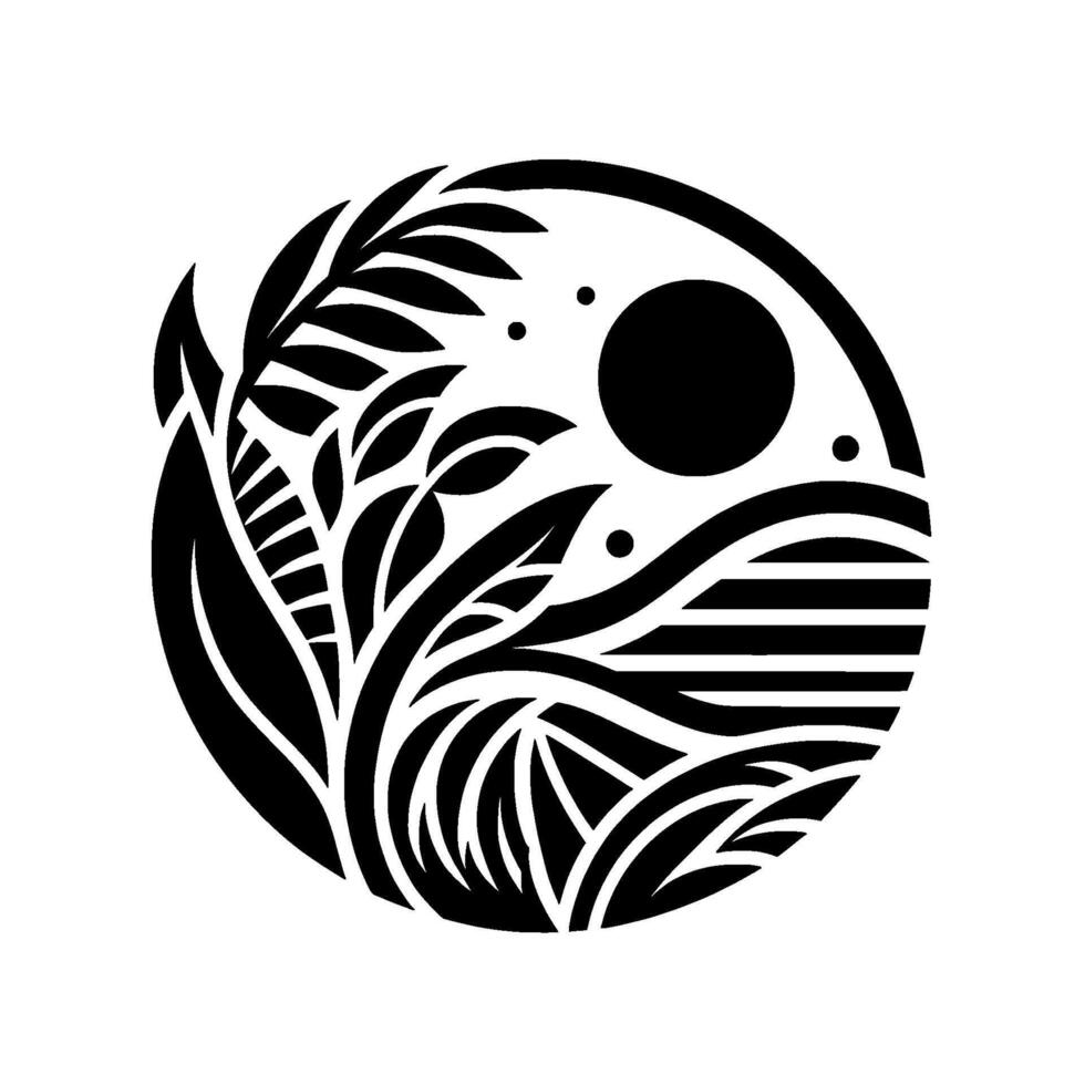 A stylized black and white circular composition depicting nature elements, including foliage, waves, a sunlike circle, and dots. vector