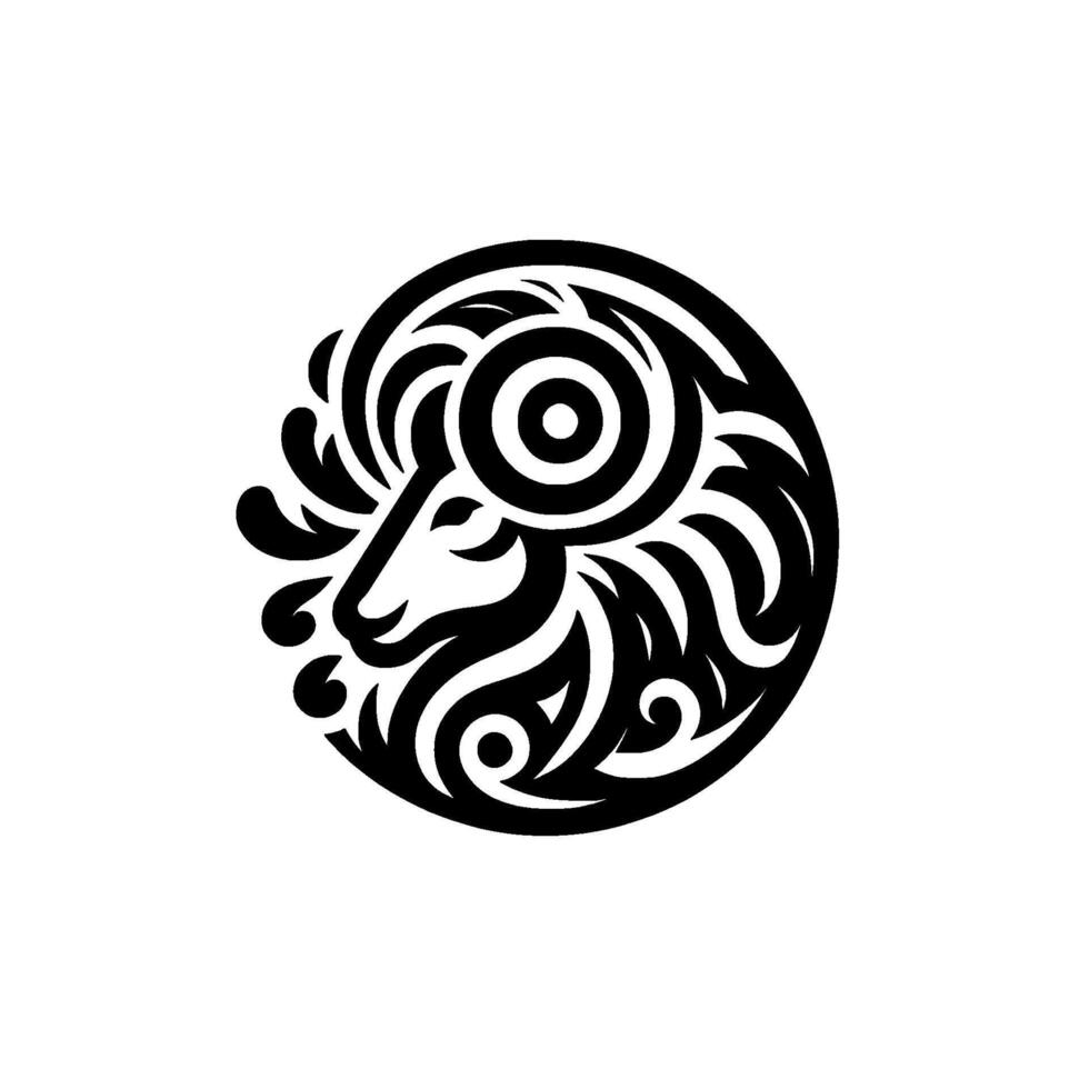A stylized black and white illustration of a rams head within a circular frame, featuring tribalinspired details. vector