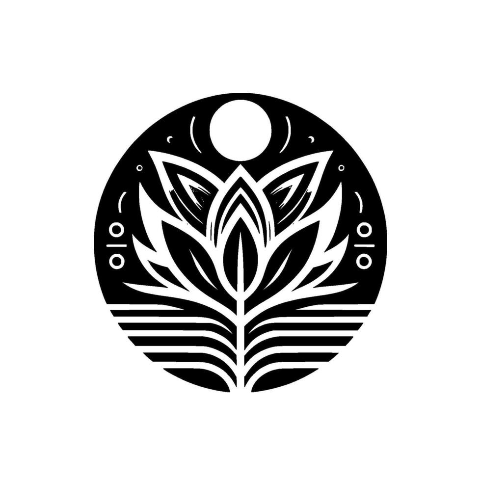Stylized Black and White Floral Mandala with Moon, Dots, and Geometric Patterns on White Background, Indicating Spirituality and Balance. vector