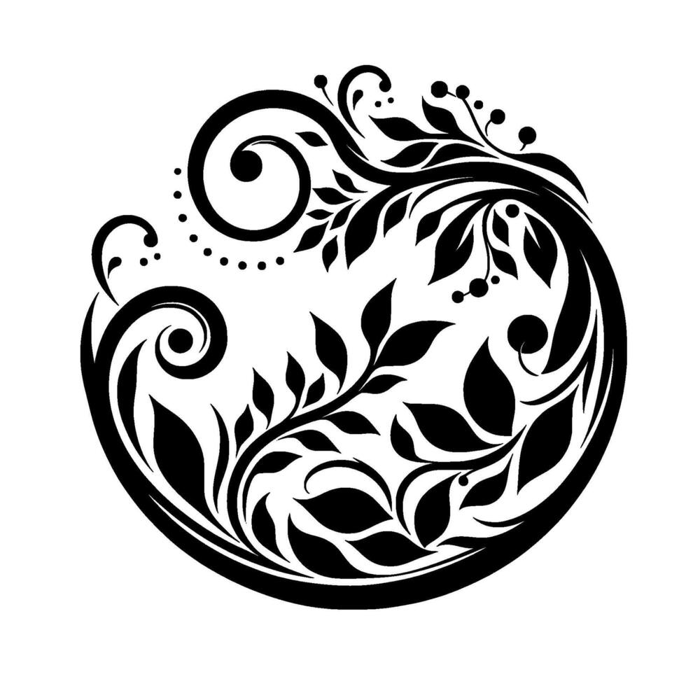 Intricate Black and White Floral Within a Circle, Featuring Swirls, Leaves, and Dots on a Blank Canvas. vector