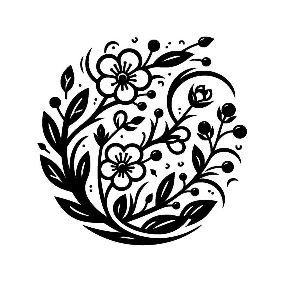 Elegant Black and White Floral and Foliage Circular with Blossoms, Berries, and Leafy Branches on White Background. vector