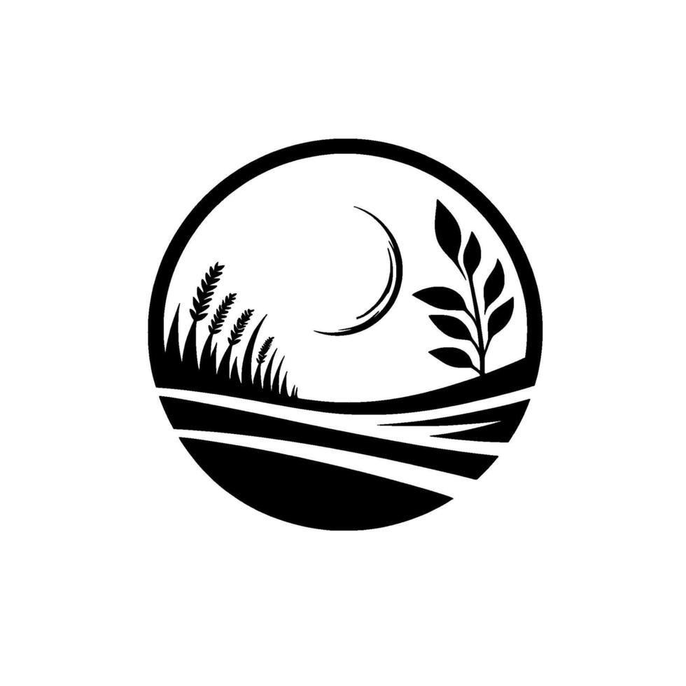 Stylized monochrome circular depicting a moonlit wheat field, a crescent moon, and a leafy branch. vector