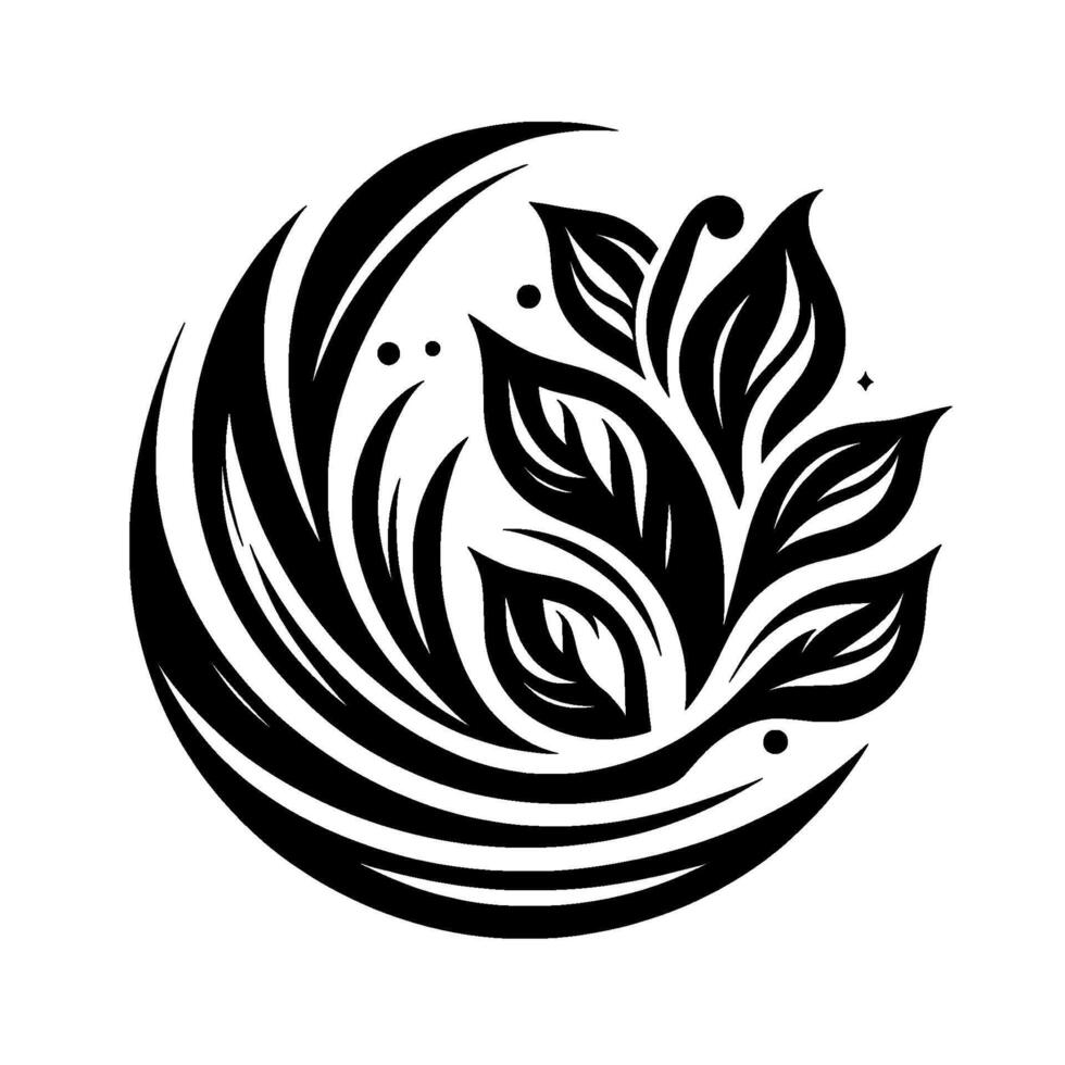 Black and White Circular Floral with Detailed Leaf Patterns, Delicate Curves and Minimalist Aesthetic, a Modern Emblem. vector