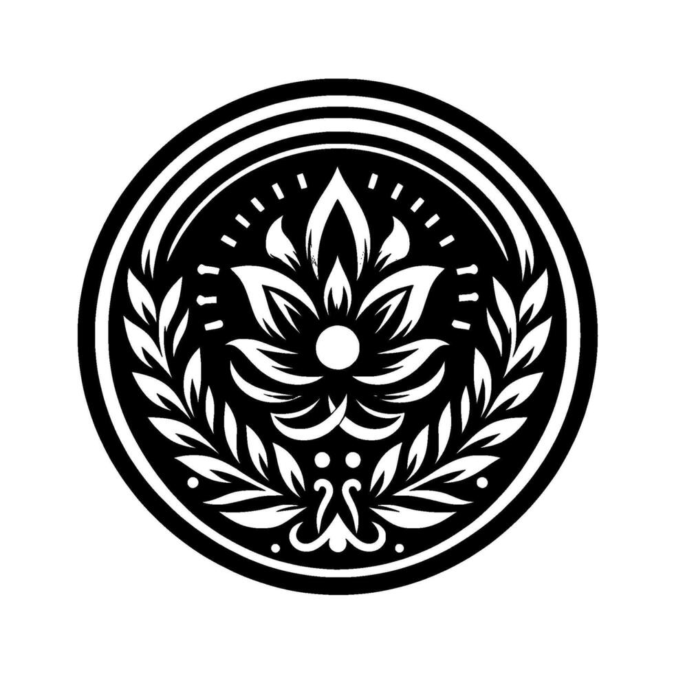 Intricate Black and White Floral Emblem, Circular with Laurel Wreath, Dot Detailing, and Geometric Symmetry. vector