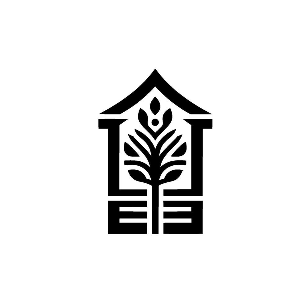 Elegant black and white featuring stylized tree inside a building silhouette, representing nature and shelter. vector