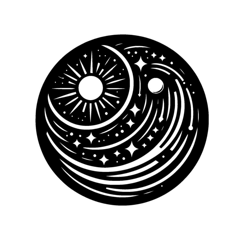 Celestial Harmony A Minimalist Black and White Circular Featuring a Radiating Sun, Crescent Moon, Stars, and Swirling Cosmic Elements. vector