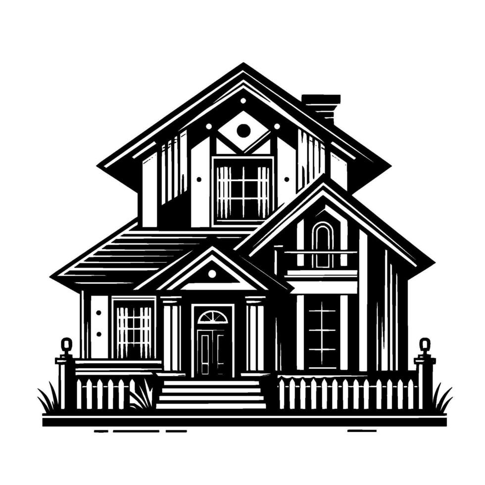 Detailed Black and White Architectural Illustration of a TwoStory House with Gabled Roofs, a Balcony, and a Decorative Fence, Representing Home . vector