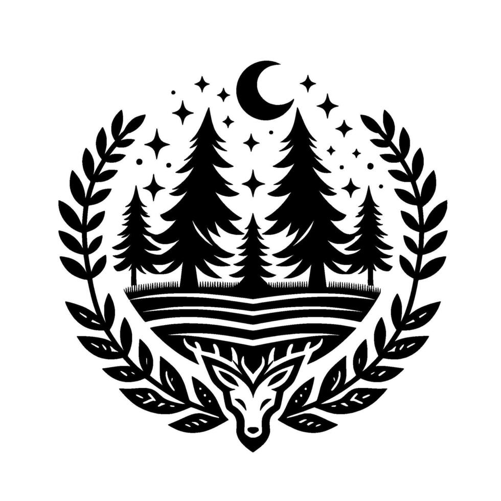 Black and white circular emblem depicting a forest scene under a starry night, with a crescent moon and a deer at the bottom, framed by laurel. vector