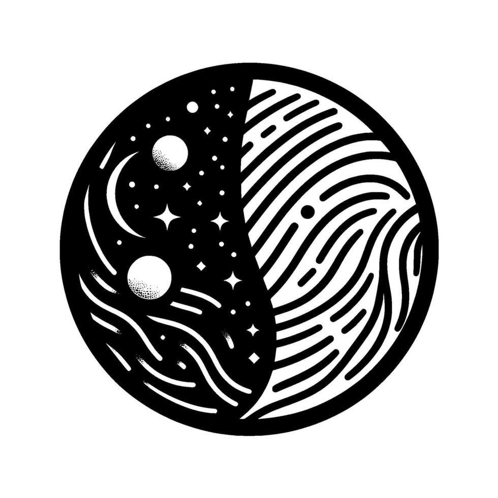 A YinYang representation depicting the cosmos, celestial bodies, and cosmic elements juxtaposed with a fingerprint in black and white. vector