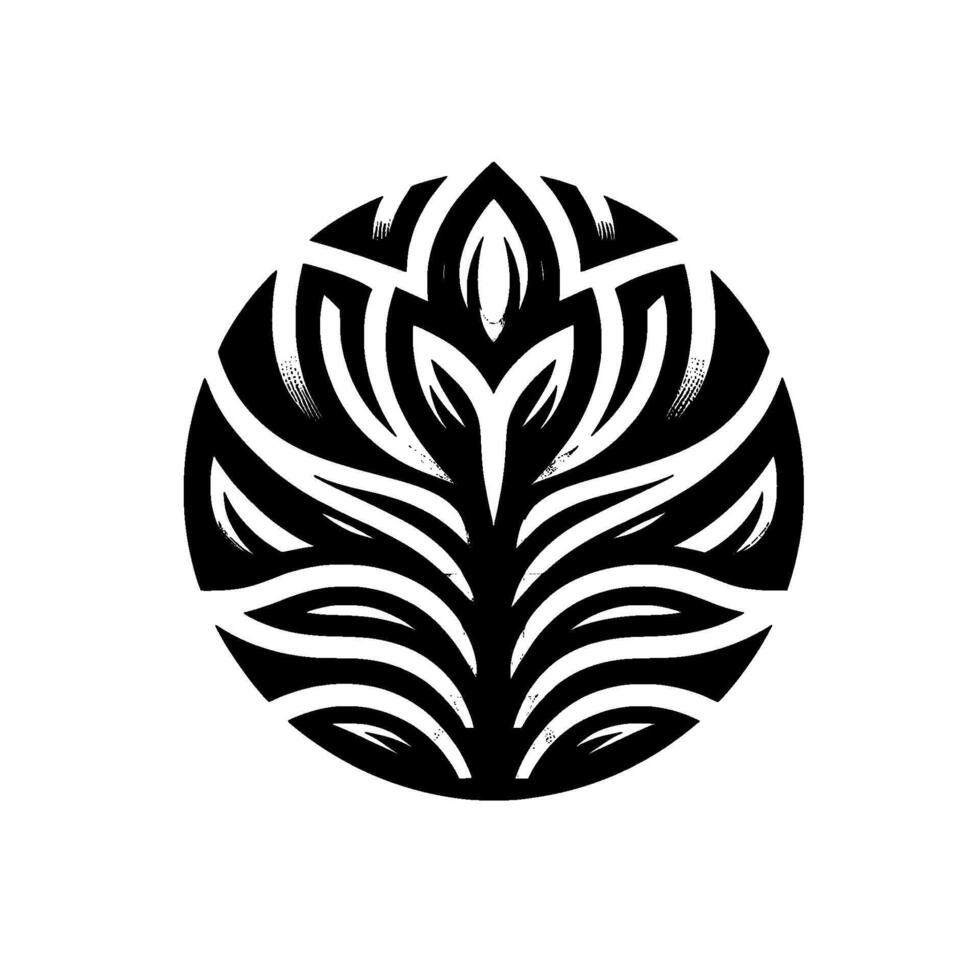 A symmetrical, black and white botanical illustration centered in a circle, showcasing stylized leaves radiating outwards. vector