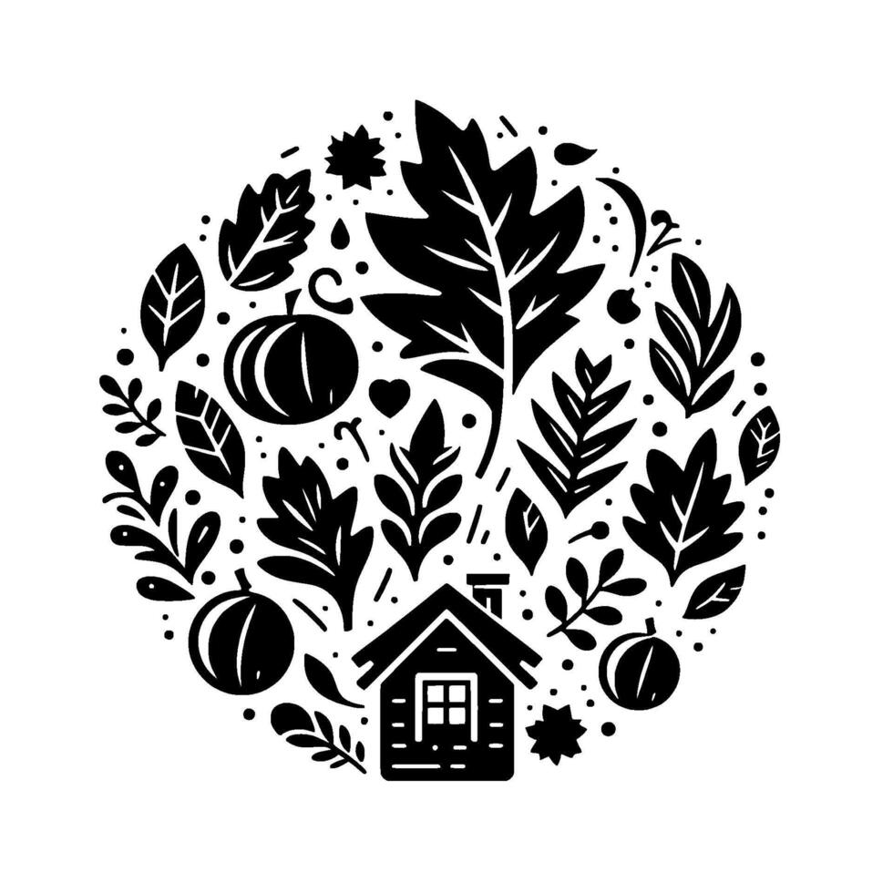Monochrome Illustration of an Autumnal Circle with Leaves, Fruits, and a Cozy Cottage, Symbolizing Harvest and Warmth. vector