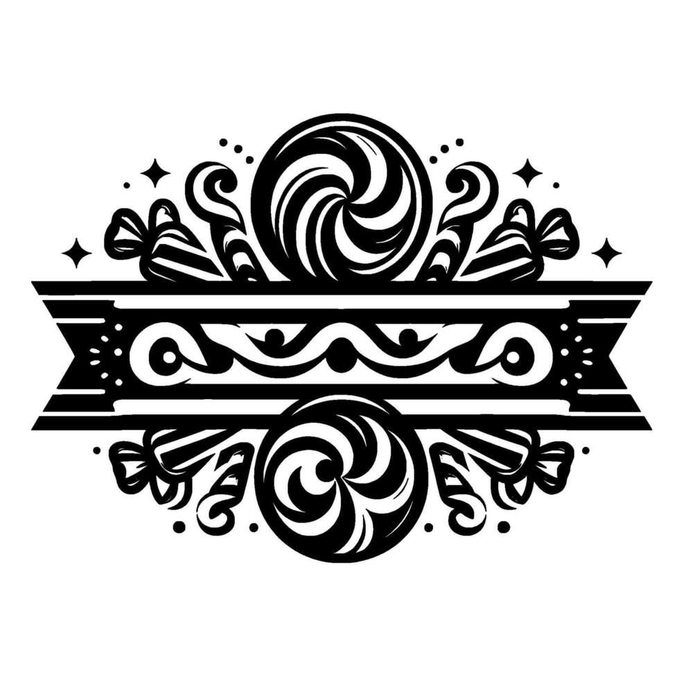 Black and White Ornamental Composition Featuring Swirl Candies, Ribbons, Decorative Shapes and Stars on a White Background. vector