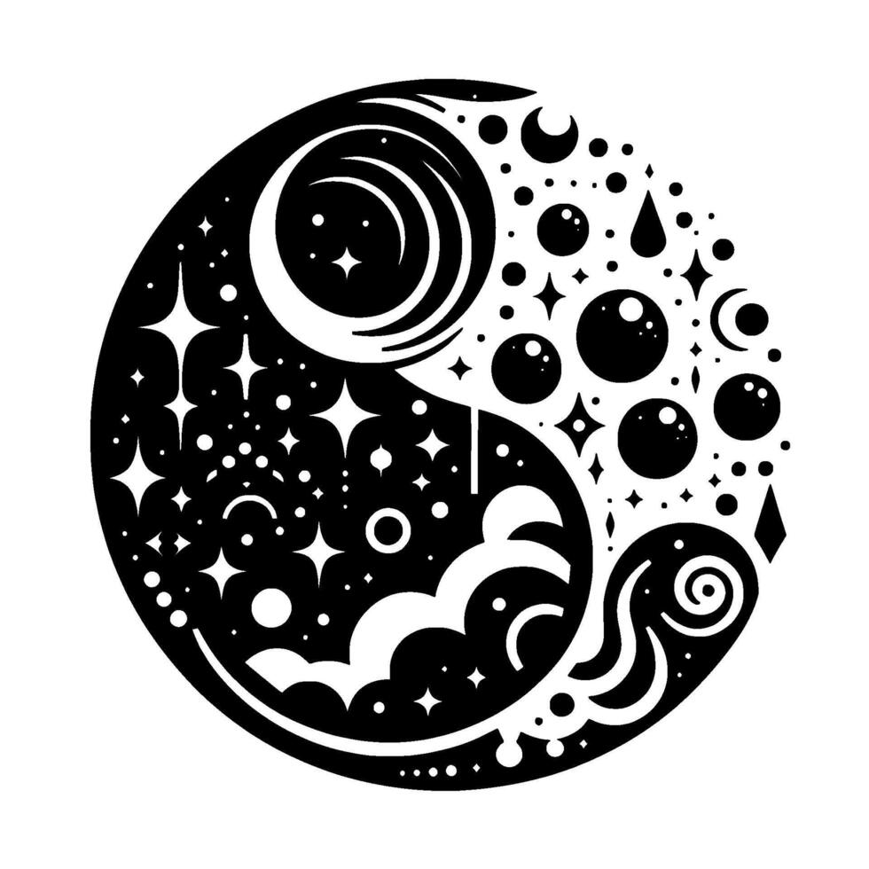 YinYang Harmony in Celestial Form A Monochrome Celestial with Stars, Moons, and Cosmic Elements. vector