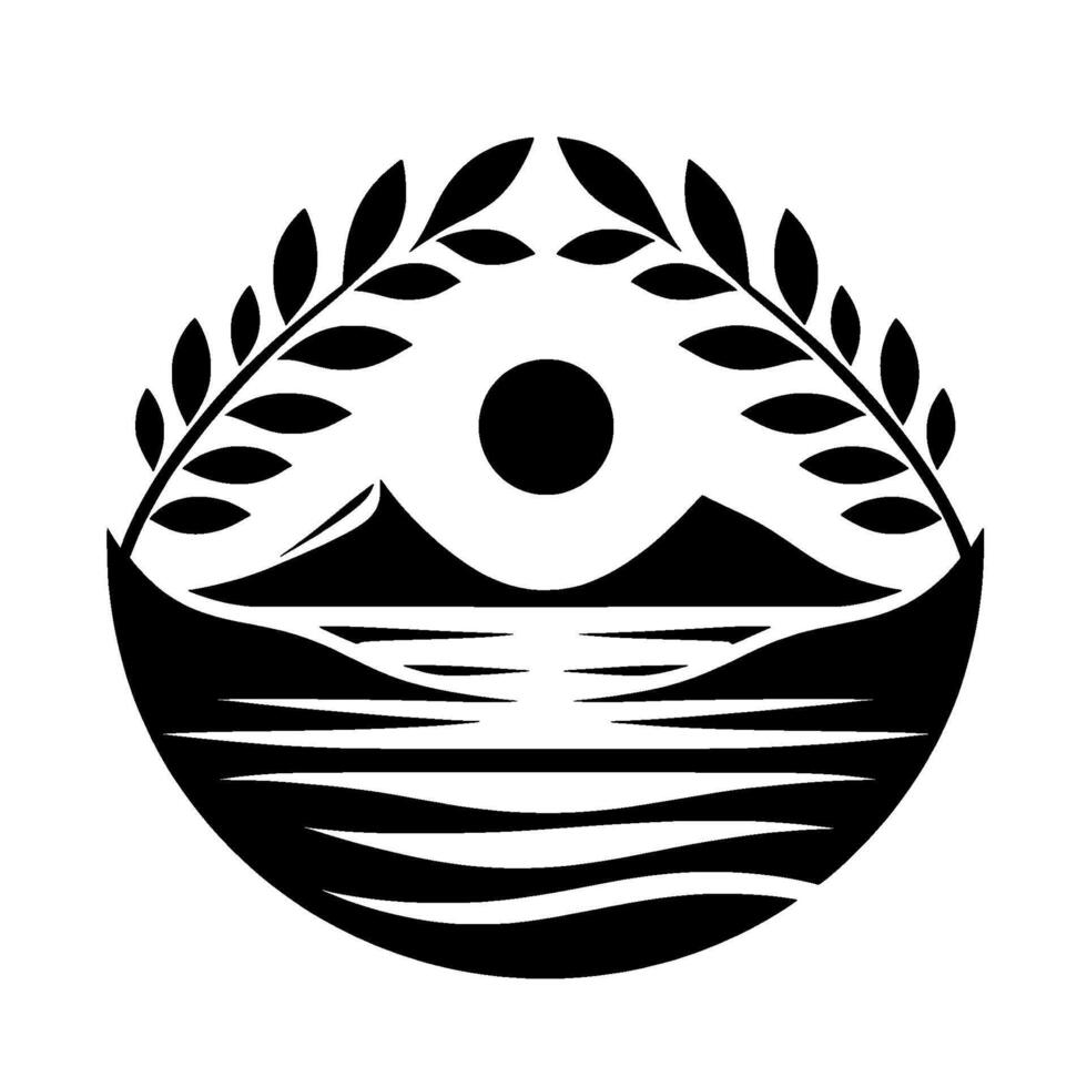 Black and White Minimalist Emblem Mountainscape with Sun, Water, and Laurel Wreath Elements, creating a harmonious composition within a circular frame. vector