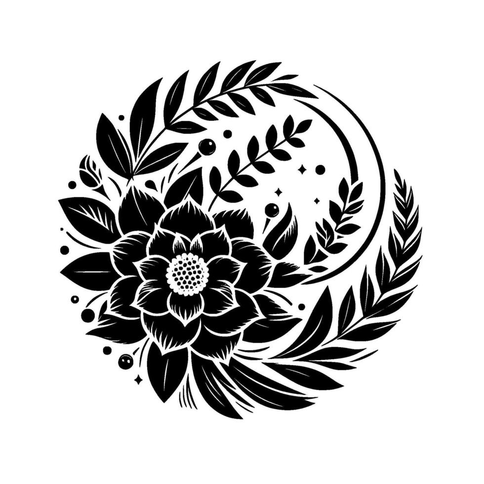 Intricate Black and White Floral Mandala with Central Bloom, Leafy Accents, and Celestial Elements. vector