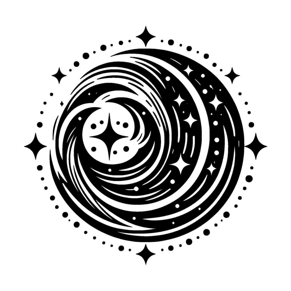 Celestial Spiral Black and white swirling galaxy with stylized stars and dotted border, evoking a sense of cosmic mystery. vector