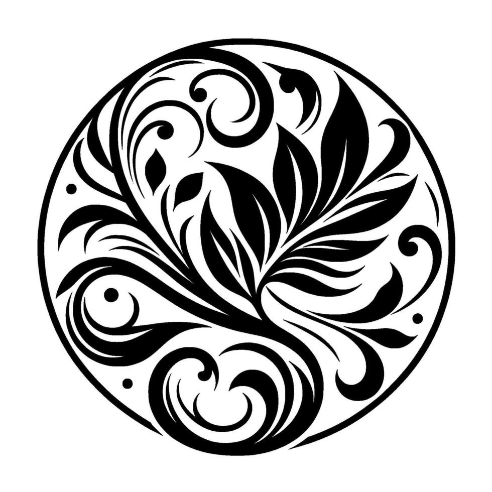 Intricate Black and White Circular Floral with Swirls and Leaves, Minimalist Aesthetic vector