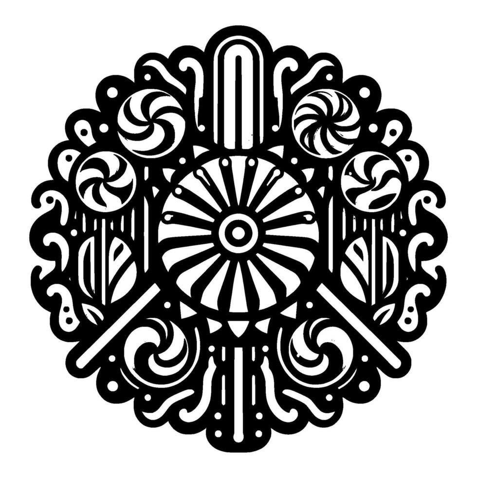 Black and white geometric mandala with candylike swirls, radial symmetry, and intricate ornamental details. vector