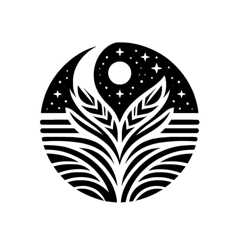 Celestial Garden A Black and White Circular Illustration Depicting a Crescent Moon, Stars, a Sun, and a PlantLike Structure, Evoking a Sense of Nighttime Serenity. vector