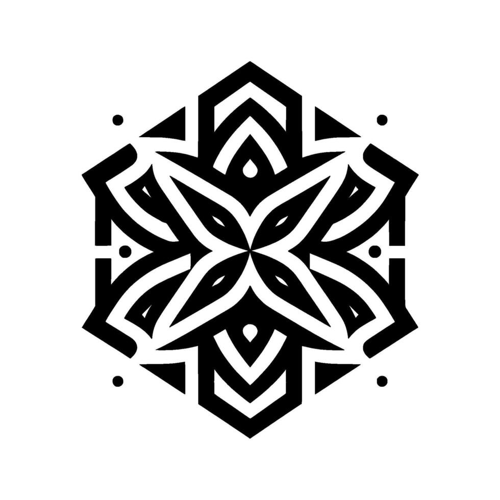 Geometric Black and White Mandala A symmetrical featuring a central floral motif within a hexagonal frame, evoking balance and harmony against a clean white backdrop. vector