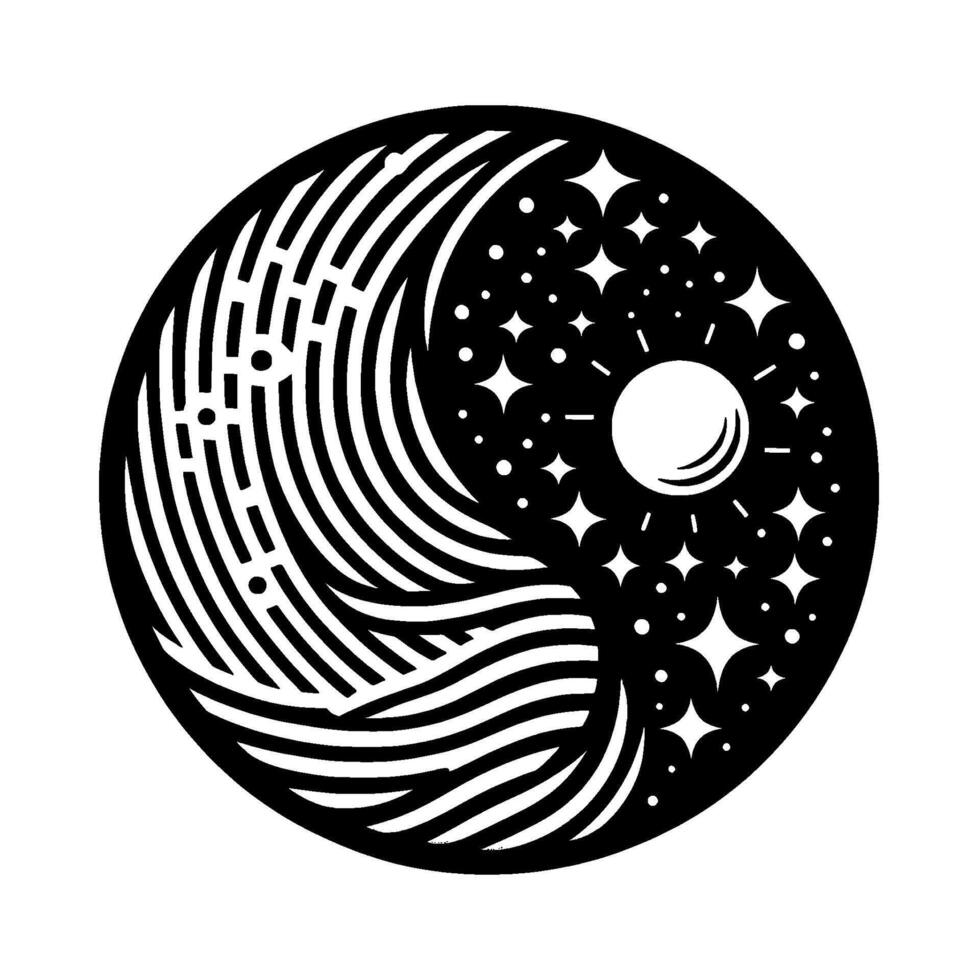 Yin and Yang Cosmic Harmony A stylized black and white illustration of the universe. The sun, stars, and flowing shapes intertwine. vector