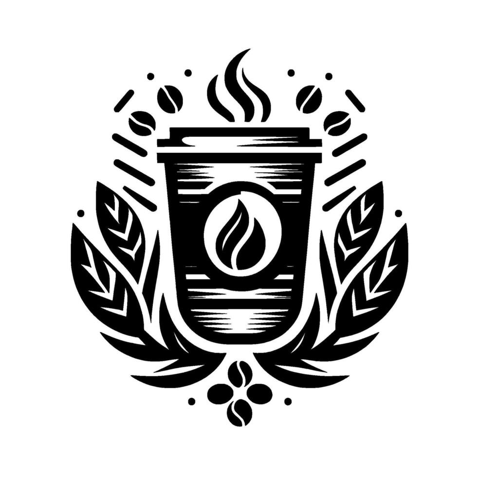 Elegant Coffee Cup Emblem Black and White Featuring Leaves, Beans, and Vapor in a Stylish, Composition. vector