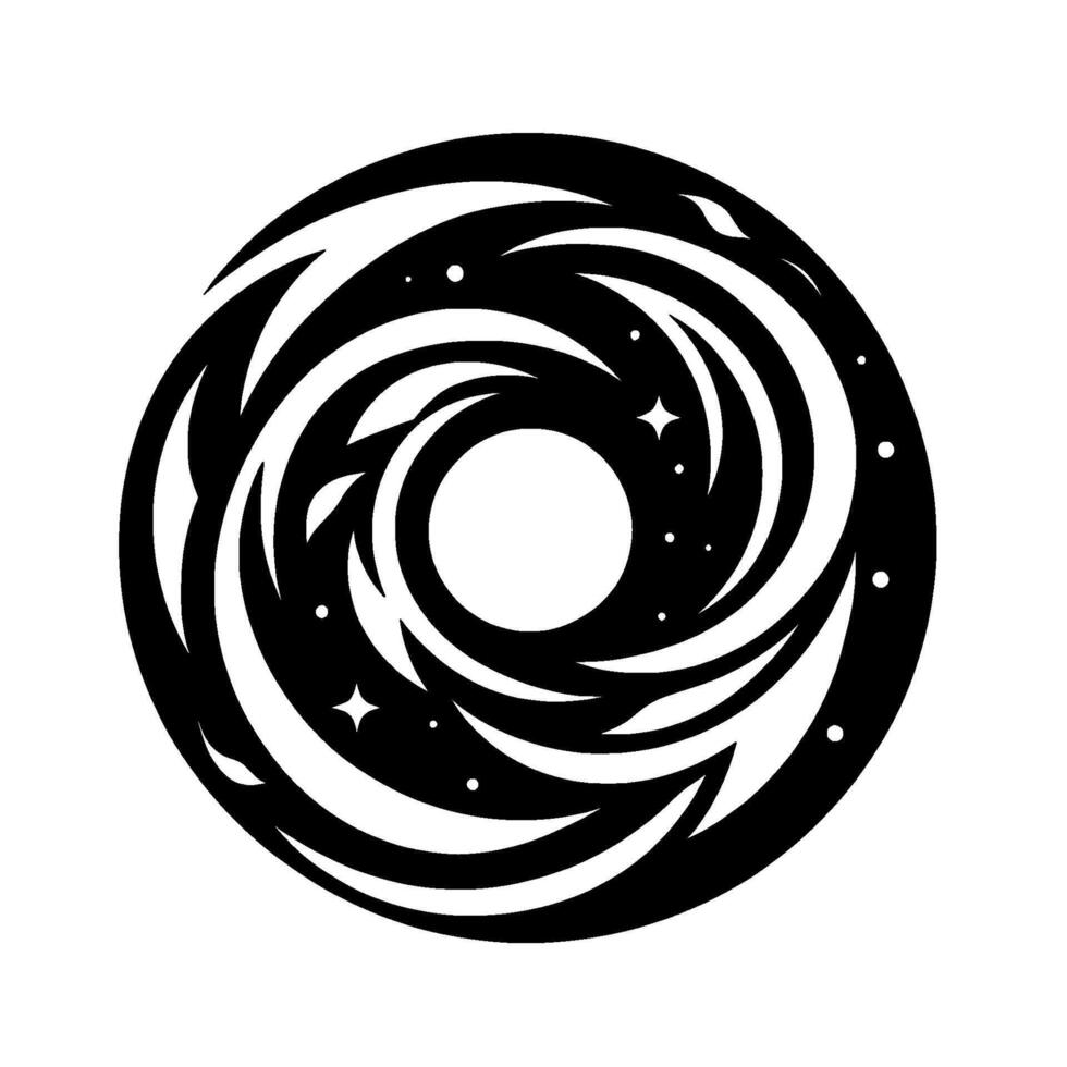 Abstract Black Hole with Swirling Elements, Stars, and Central White Circle on White Background, . vector