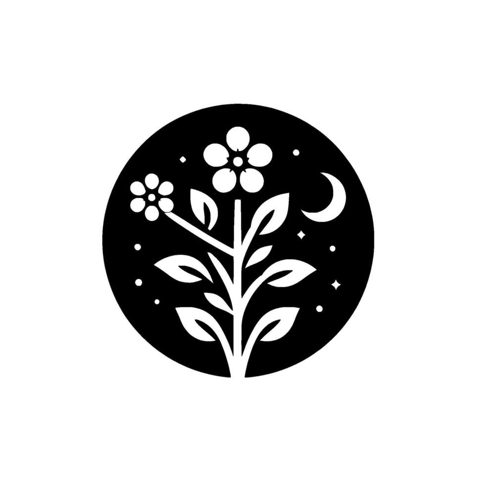 Botanical Night Black Circle Featuring Floral Stem with Flowers, Crescent Moon, and Stars for a Celestial Garden. vector