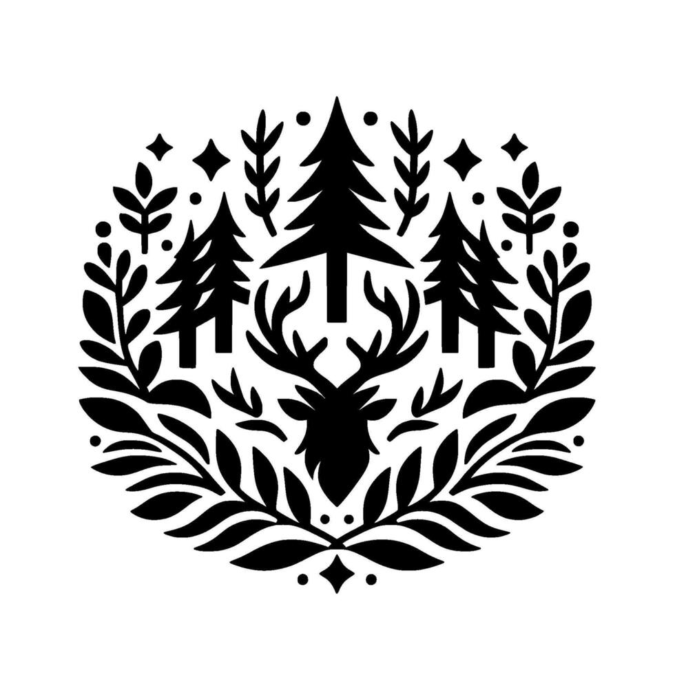 Monochromatic circular illustration of a reindeer amidst fir trees, leaves, stars, and dots, creating a woodland emblem. vector