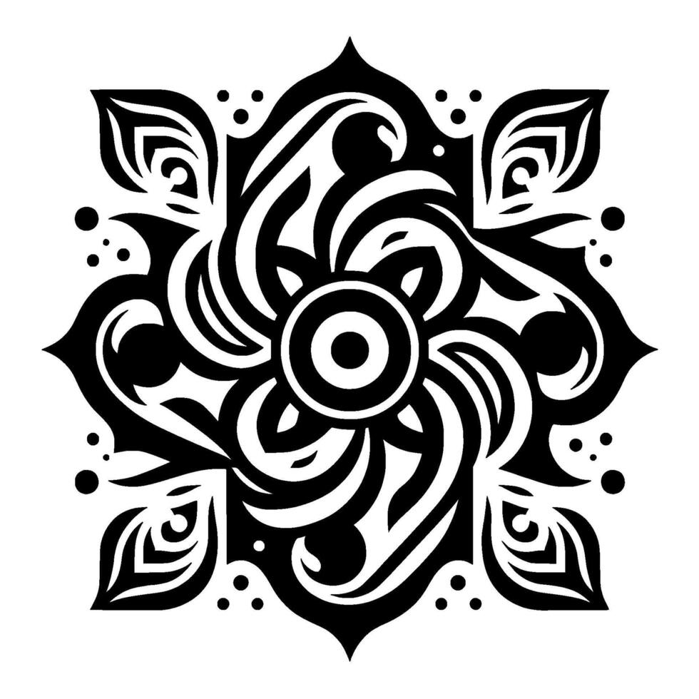 Intricate Black and White Circular Floral Mandala with Swirling Designs and Ornamental Leaflike Embellishments, Symmetrical Composition. vector