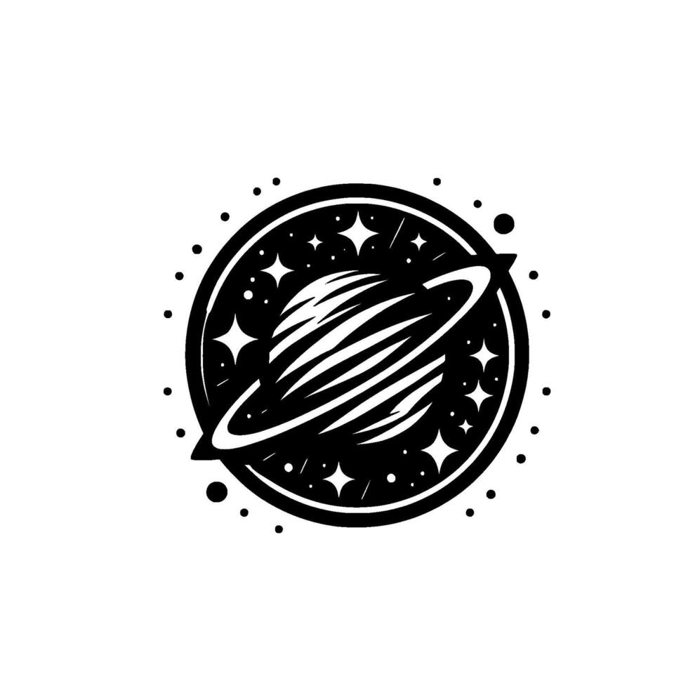 A stylized, black and white illustration of a planet with rings surrounded by stars and dots against a bright white background, evoking a sense of cosmic wonder. vector