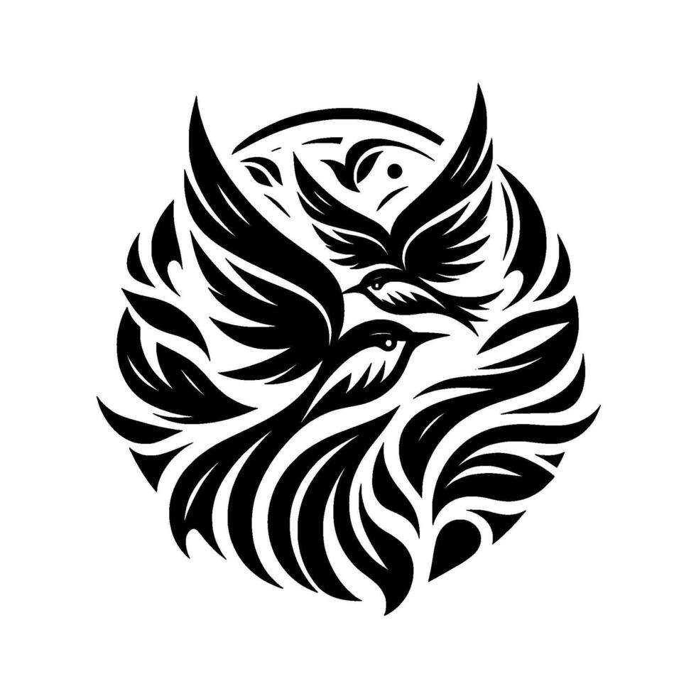 A stylized monochrome illustration of two birds in flight within a circular frame, rendered in bold black lines with intricate feather and foliage detailing, conveying a sense of freedom and elegance. vector