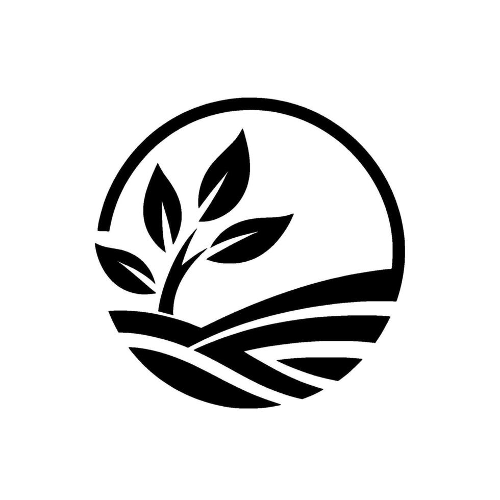 A minimalistic emblem, featuring a growing plant emerging from stylized rolling fields within a circular frame. vector