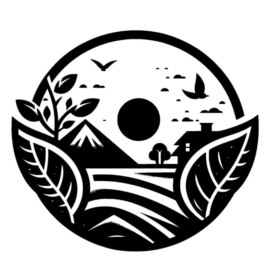 A black and white, minimalist featuring a landscape within a circular frame, including mountains, a house, birds, a tree, leaves, and the sun. vector