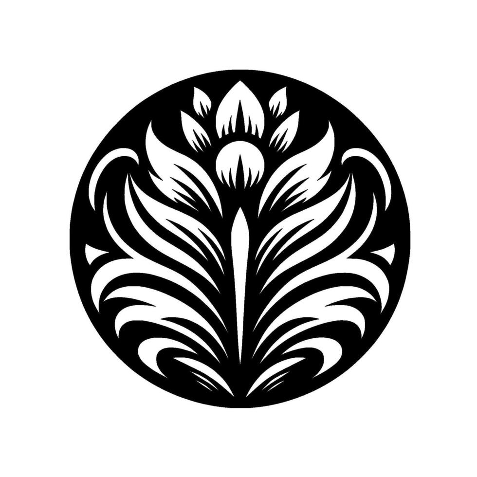 Circular, Black and White Floral Motif A symmetrical botanical within a circle, showcasing intricate leaf and petal arrangements. vector