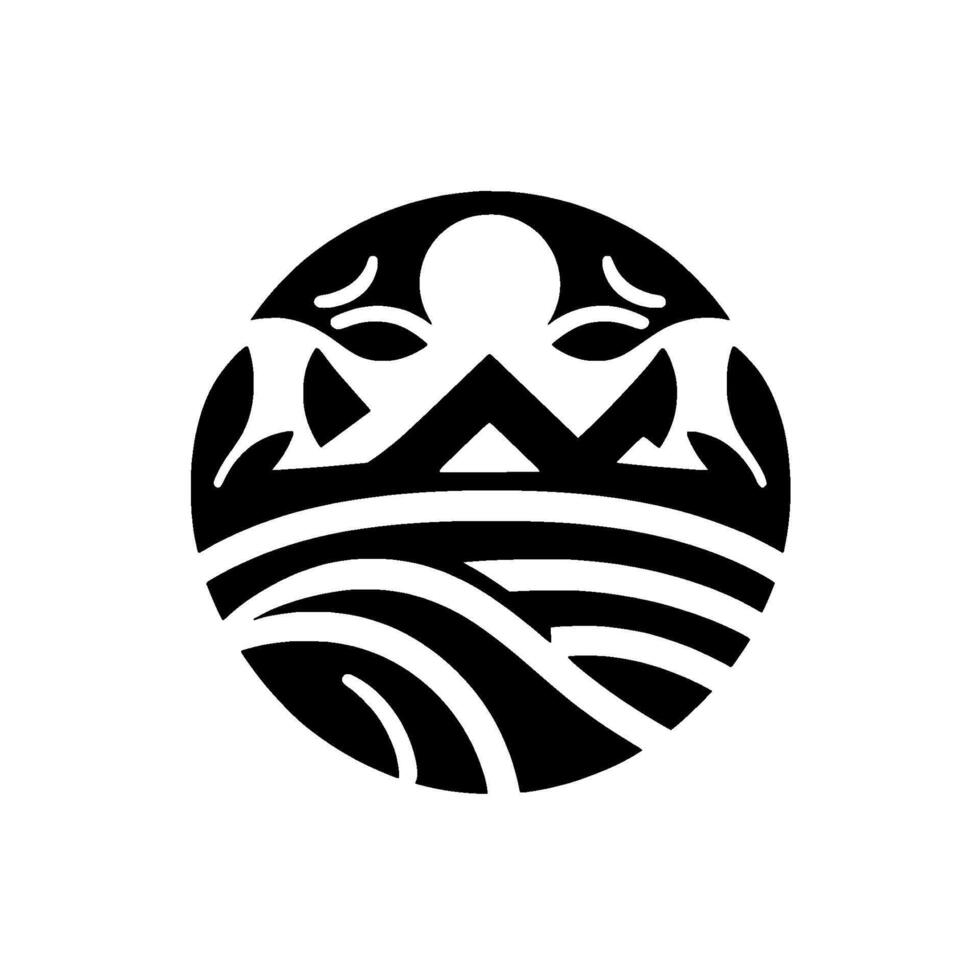 Black and white circular emblem featuring stylized mountains, water, and organic shapes reminiscent of nature. vector