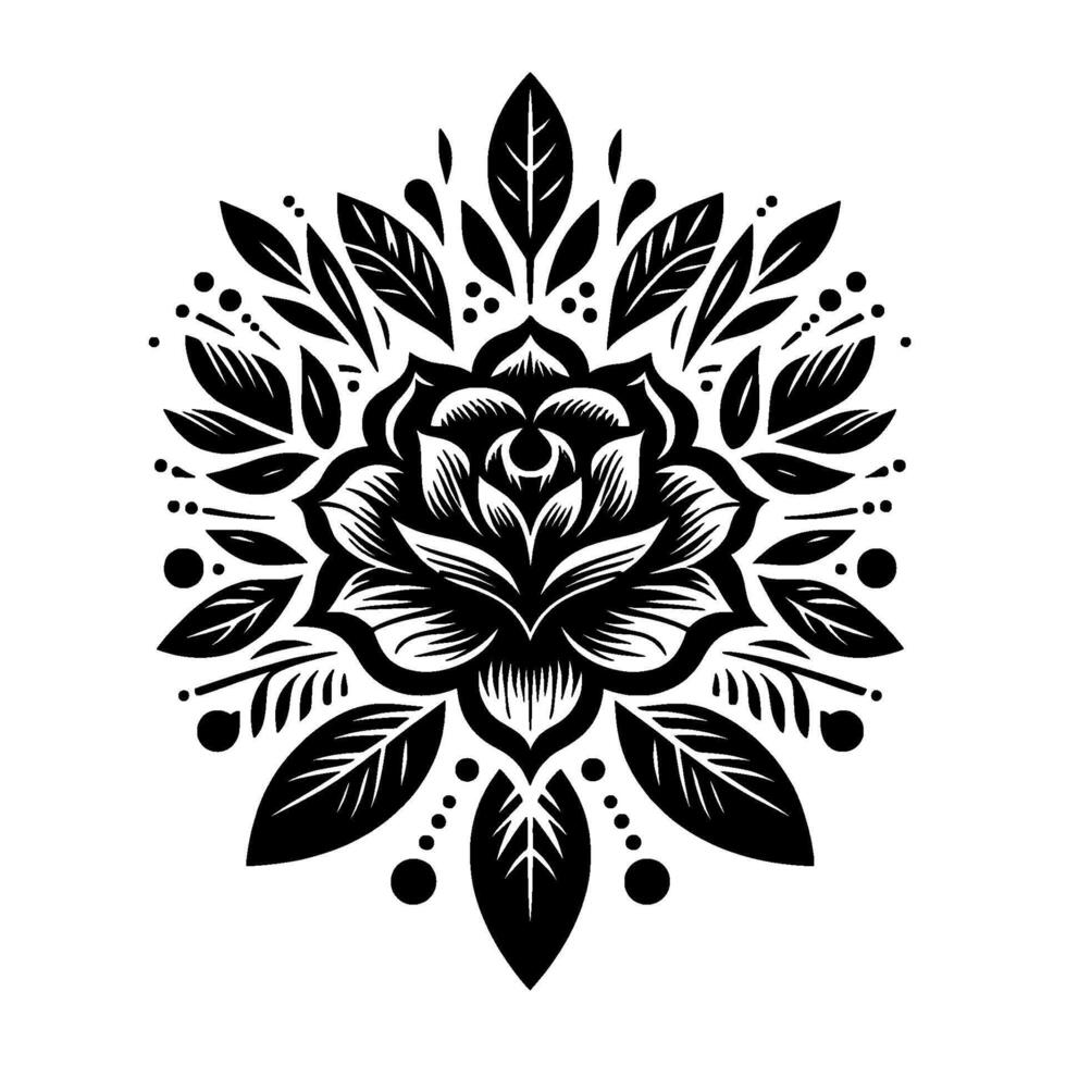 Intricate Black and White Mandala Featuring a Rose as the Central Motif, Surrounded by Detailed Leaves and Delicate Dots, Symbolic of Harmony. vector