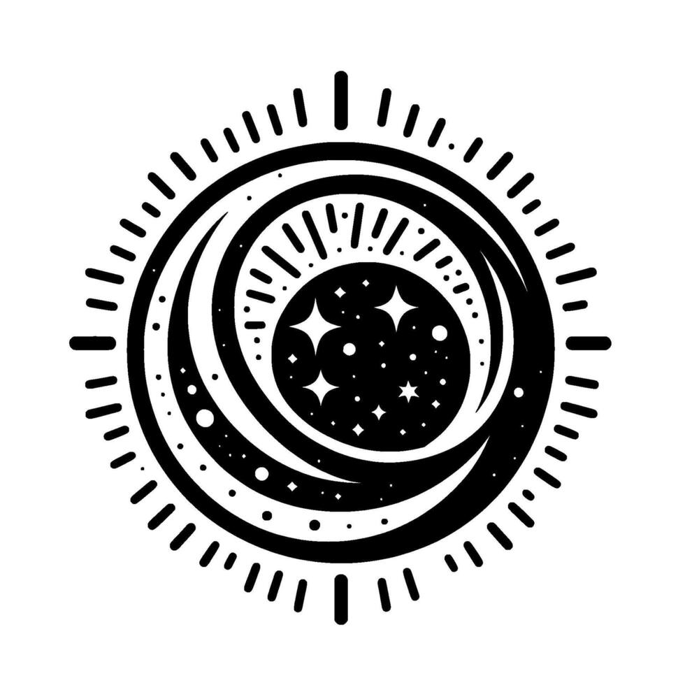 Intricate Black and White Celestial Mandala A stylized depiction of a starfilled core surrounded by crescents, dots, and radial lines, exuding a cosmic and spiritual vibe. vector