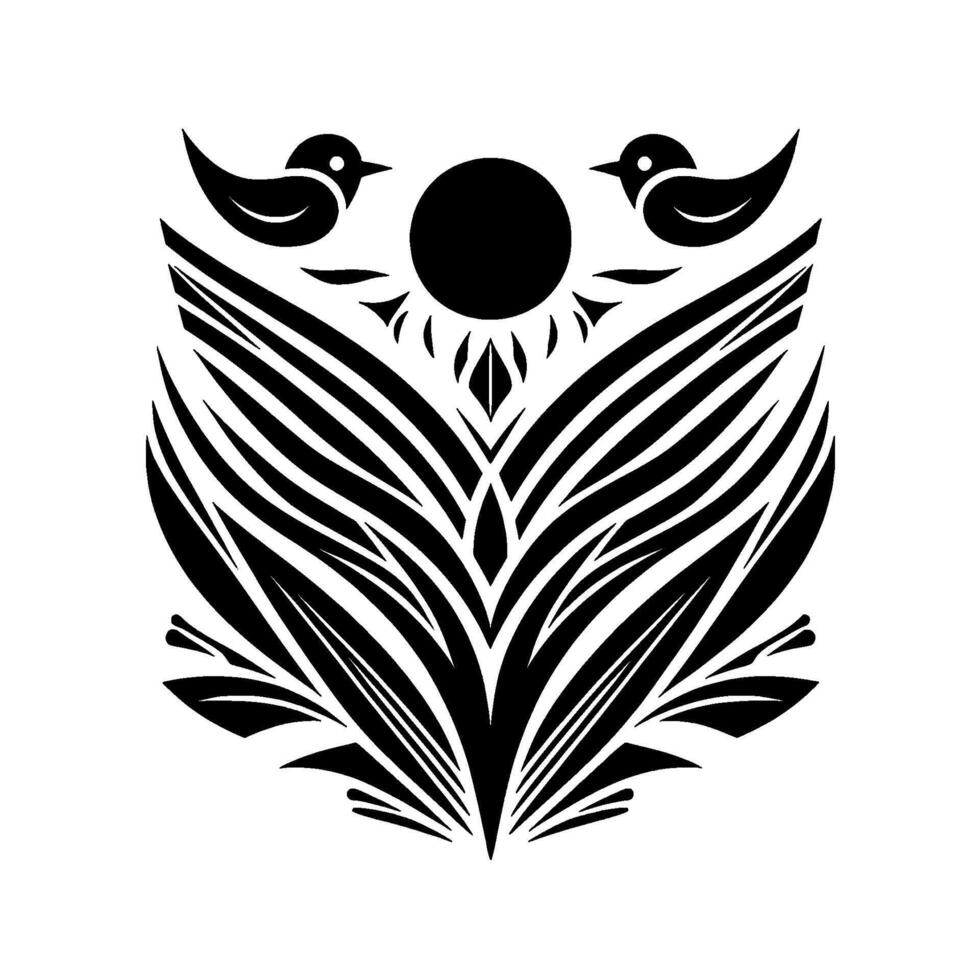 Serene Black and White Floral Crest with Birds and Sun A Symmetric and Minimalist . vector