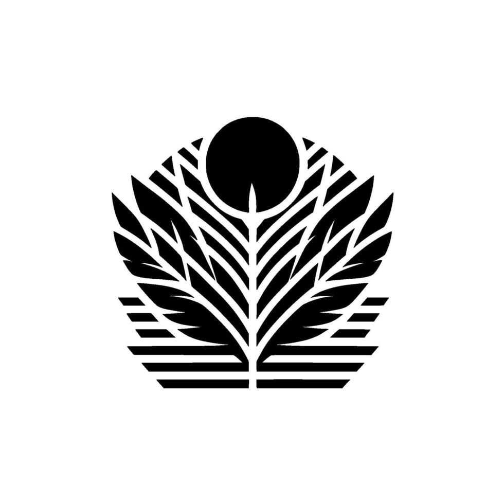 Symmetrical abstract with a black silhouette of a stylized plantlike form, a circle at the apex, and a striped base on a white background. vector