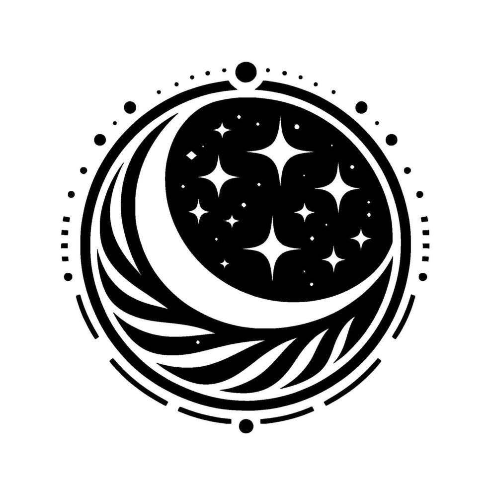Celestial Mandala A Stylized Black and White Illustration Featuring a Crescent Moon Enclosing Starry Night, Surrounded by Circular Decorative Elements. vector