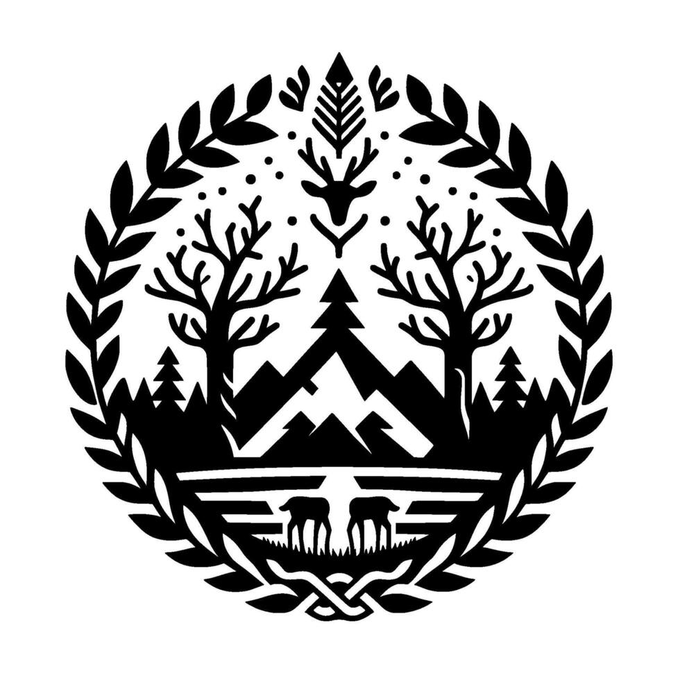 Intricate Black and White Circular Emblem Depicting a Forest Scene with Deer, Mountains, Trees, and a Laurel Wreath Border, Illustration. vector